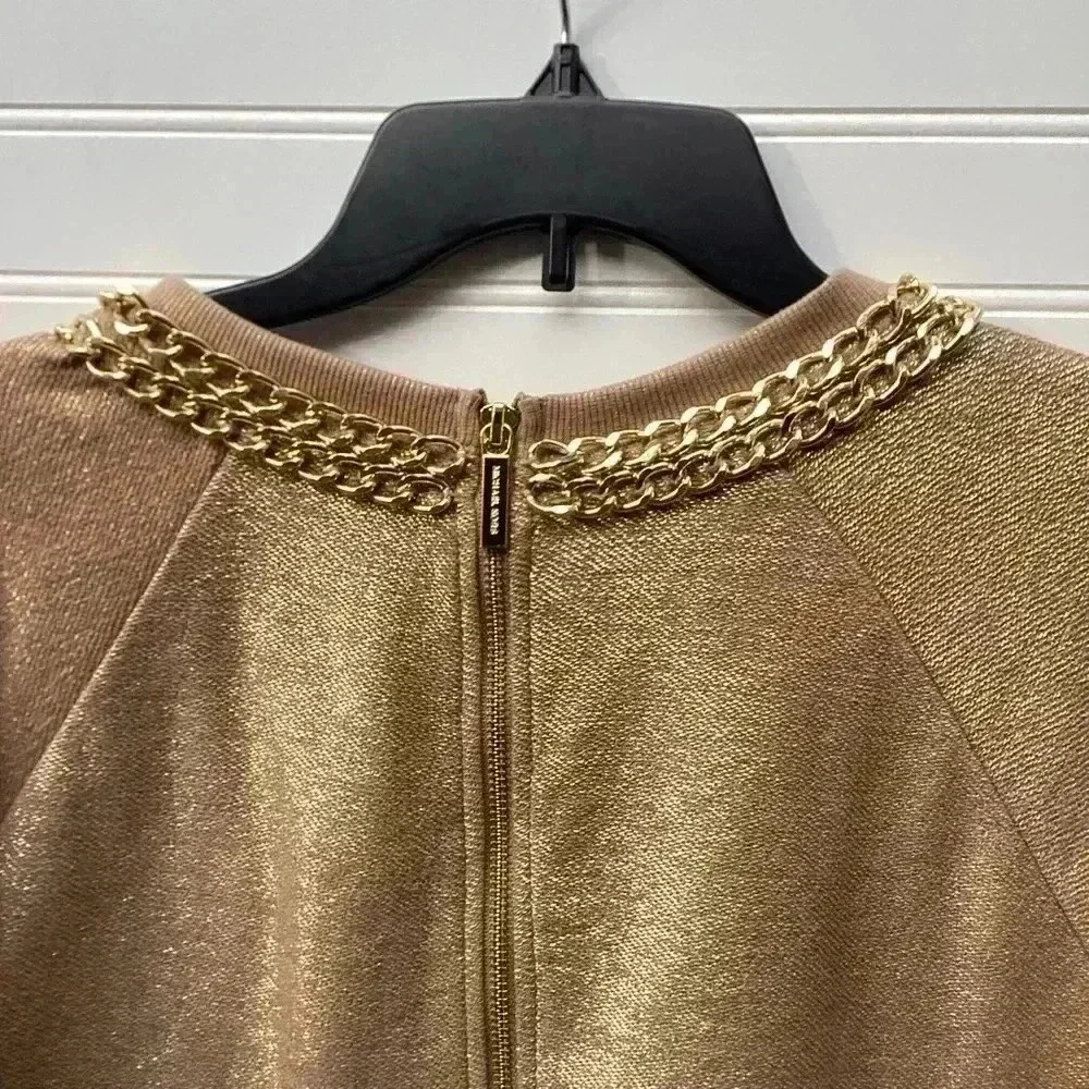 Micheal Kors Gold Chain Gold Shimmer Sweater Long sleeve Midi  Dress Size Large
